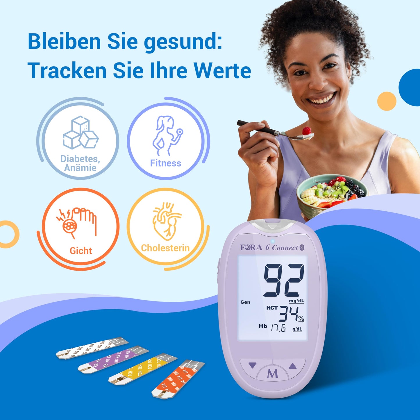 FORA 6 Connect | All-in-One Gesundheits Messgerät für die Familie | Blutzucker, Keton, Cholesterin, Harnsäure, Hämoglobin, Hämatokrit Test | Bluetooth E-Tagebuch | Familienpflege | Lavendel Lila